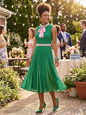 The Moon Green Lace Dress with Pink Trim